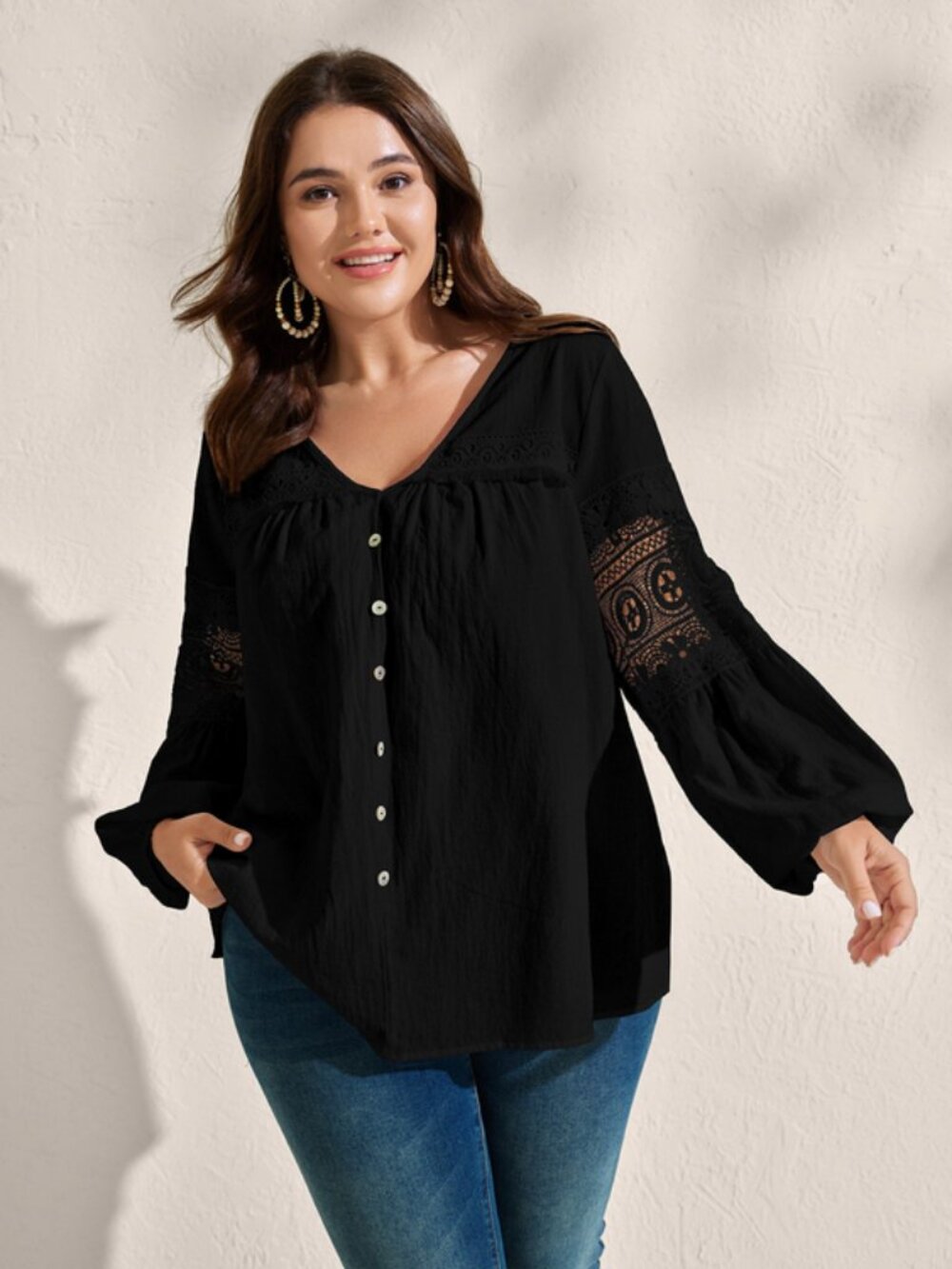 BloomChic Black Pure Cotton Sheer Lace Trim Blouse 14-16/1X NWT